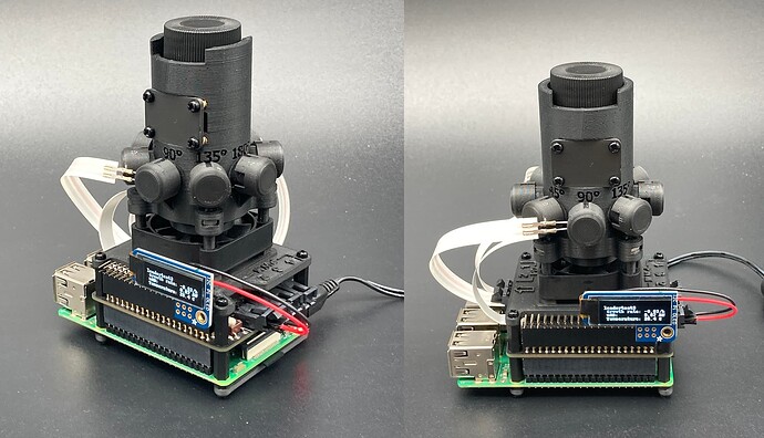 side-by-side photo of a Pioreactor with the a display attached. The display reads information about the state of the Pioreactor.